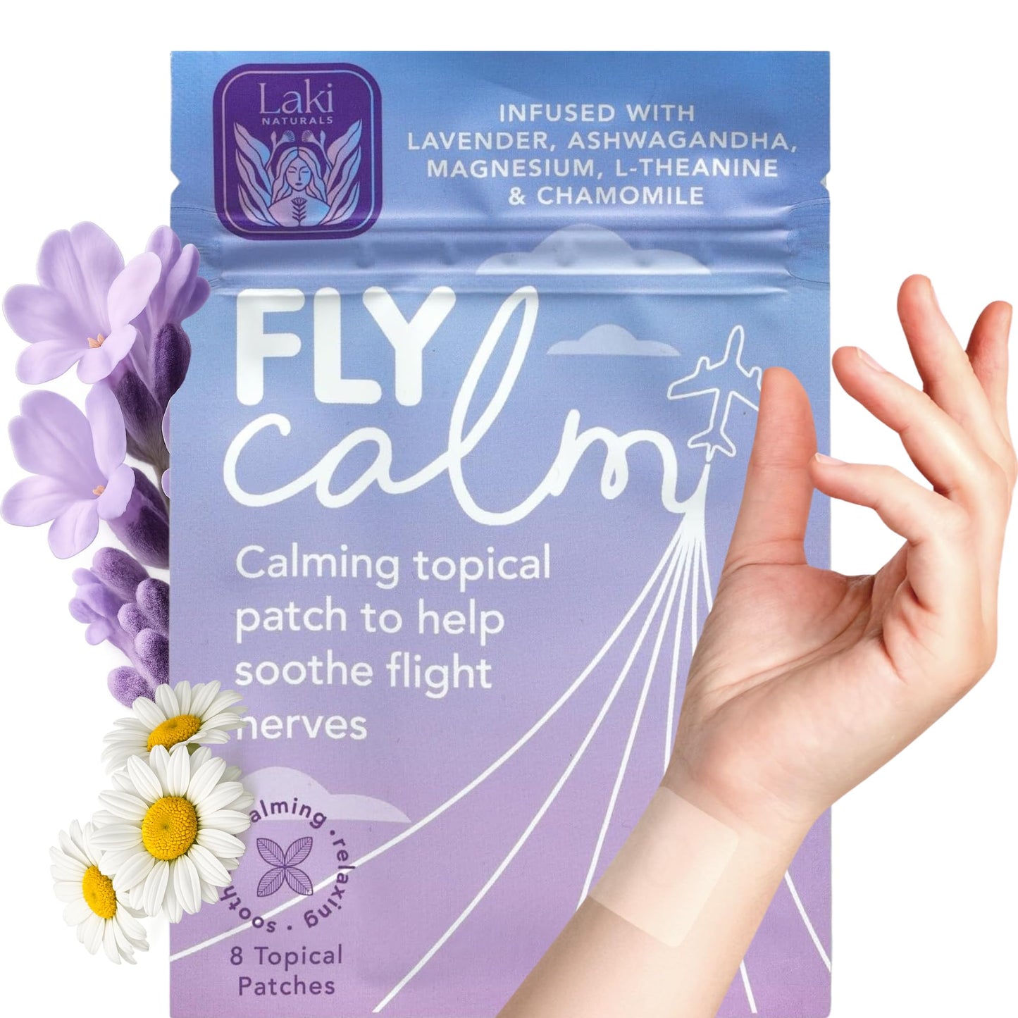 Laki Naturals Fly Calm Patch (1 Count, Pack of 8) - Relax Nerves, Support Stress - Natural Ingredients to Support Airplane Stress - Calm Your Fear of Flying Naturally