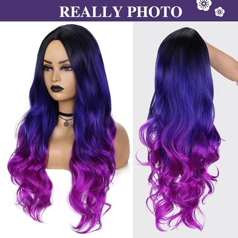 Fancy Hair Purple Long Curly Wavy Hair Wigs Heat Resistant 3 Tones Dark Roots Synthetic Daily Party Cosplay Wigs for Women 26" (1B to Blue Purple)