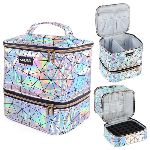 SAVILAND Nail Polish Organizer Bag: PU Leather Nail Kit Organizer Holds 30 Bottles & Nail Lamp, Holographic Nail Supply Organizer Nail Polish Holder Case Nail Organizers and Storage Box for Nail Tech