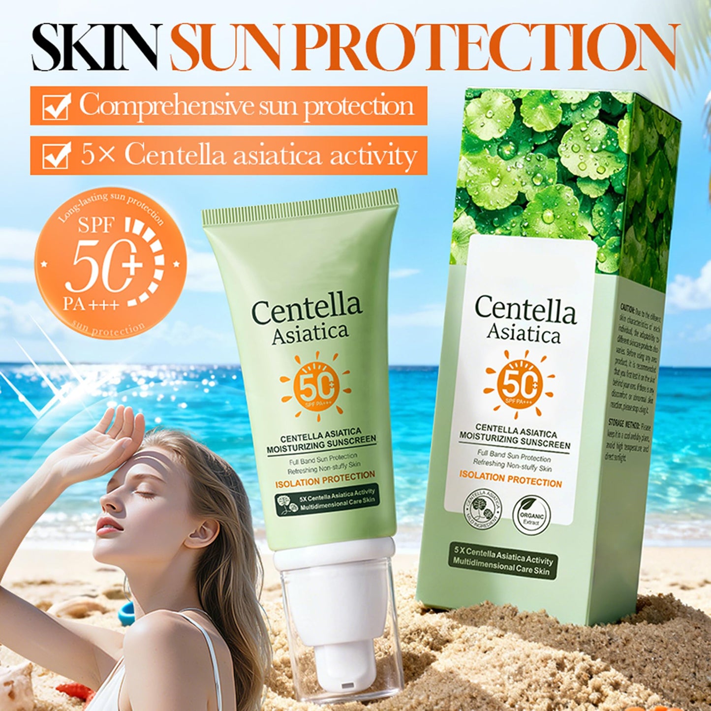 DLZZRS Centella Asiatica Moisturizing Sunscreen, SPF50+ PA+++ Full Body Sun Cream, Hydrating Moisturizing All-weather Sun Protection & UV Protection, Centella Moisturizer, Refreshing Texture, 1.76Oz