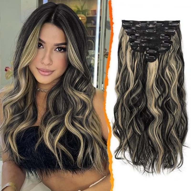 BARSDAR Clip in Hair Extensions - 16 Inch Highlight Wavy Clip in Hair Extensions for Women - 6PCs Thick Soft Synthetic Clip in Hairpieces Daily Party Halloween - Black with Highlights