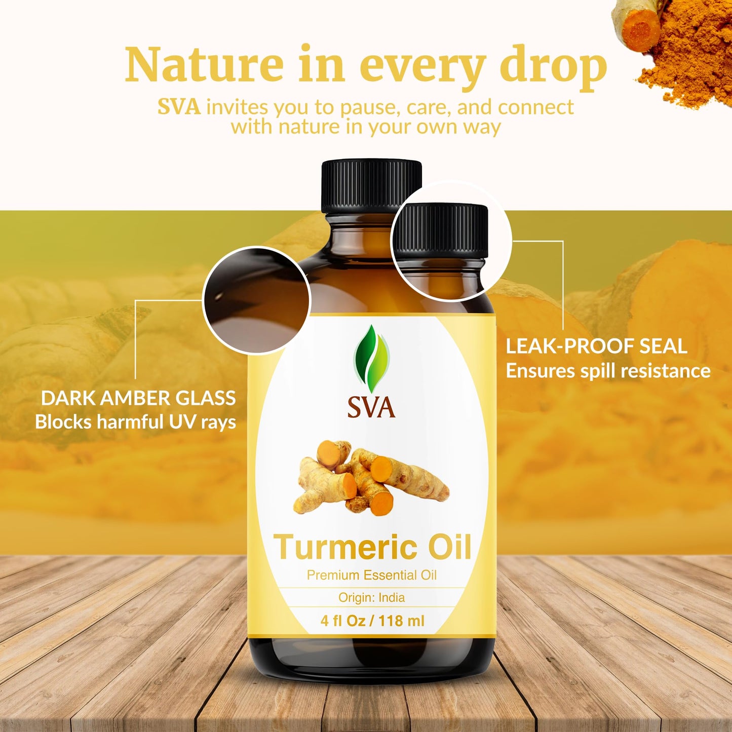 SVA Turmeric Essential Oil – 4 Fl Oz – 100% Natural Turmeric Oil - for Diffuser, Hair Care, Face, Skin Care, Aromatherapy, Scalp and Body Massage, Soap and Candle Making – with Dropper