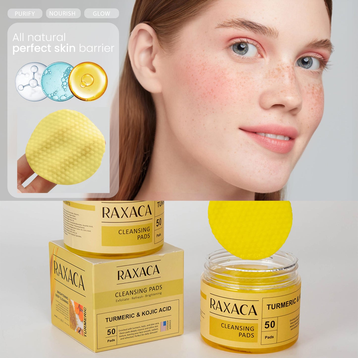 RAXAC Kojic Acid & Turmeric Facial Cleansing Pads, 50 Count, Vitamin C, Gentle Exfoliating Cotton Pads for Brighter & Refreshed Looking Skin, Daily Facial Cleansing Pads