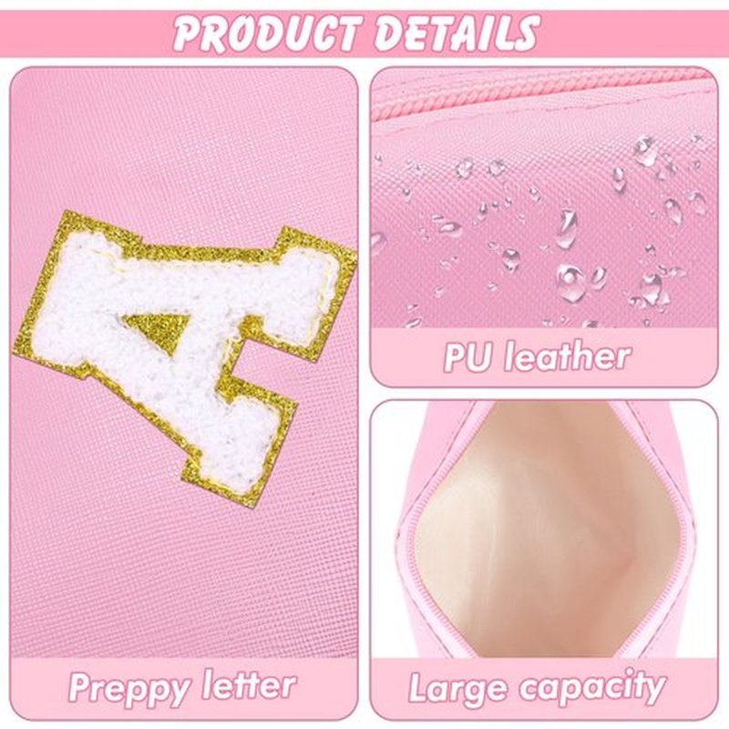 URSKYTOUS Initial Makeup Bag Personalized Preppy Cosmetic Bag Travel Toiletry Bag Waterproof PU Small Makeup Pouch Bag for Purse Birthday Gift Cute Stuff for Teen Girls Women (Pink A)