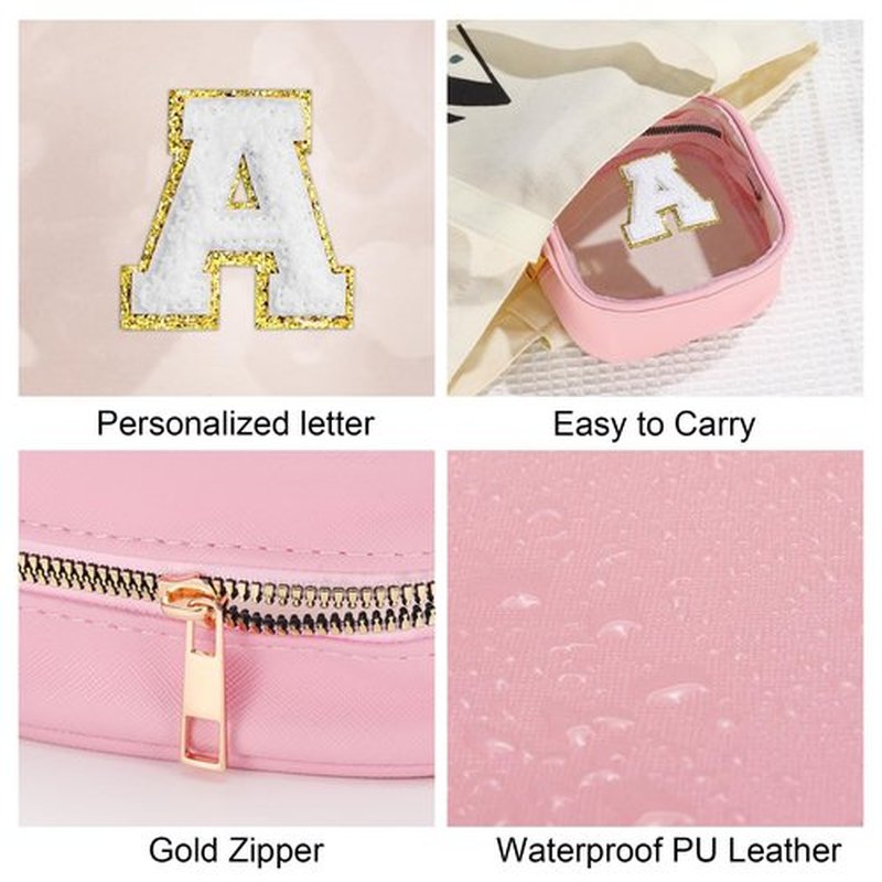 YOOLIFE Initial Mini Makeup Bag | Make Up Bag Travel Toiletry Bag | Clear Makeup Bag | Preppy Cosmetic Bags Organizer Travel Essentials Gifts for Women Teen Girlfriend Teacher Brithday Gifts Pink A