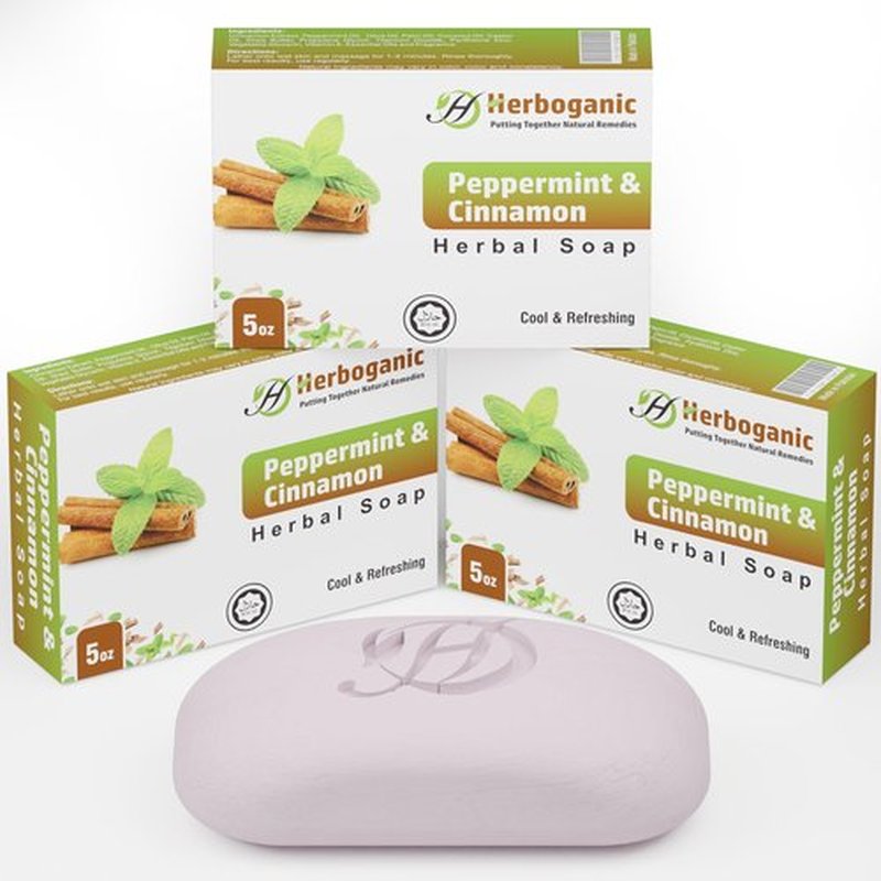 HERBOGANIC Peppermint and Cinnamon Herbal Soap | Pack of 3 of 5oz soap Bar | Natural Bar Soap for Face and Body | Hydrating and Nourishing | Suitable for Men and Women