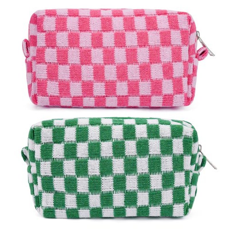SOIDRAM 2 Pieces Makeup Bag Pouch Checkered Cosmetic Bag Pink Green, Travel Toiletry Bag Organizer Cute Makeup Brushes Storage Bag for Women