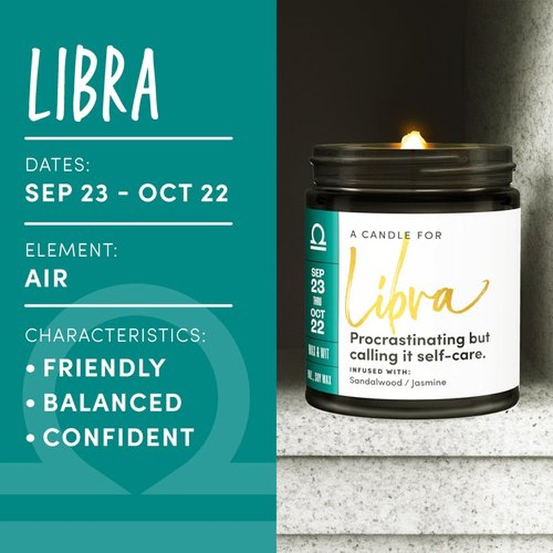 WAX & WIT Libra Gifts for Women, Zodiac Gifts for Women, Astrology Gifts, Zodiac Candles, Libra Candle, September Birthday Gifts for Women, October Birthday Gifts for Women, Astrology Candle - 9oz