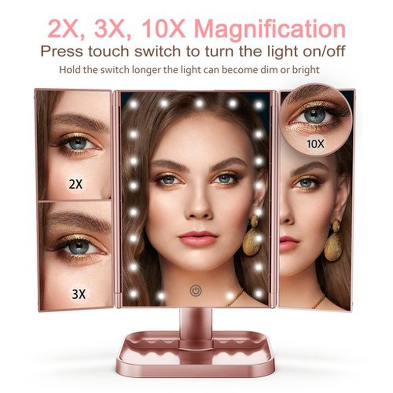 HUONUL Makeup Mirror, 10x3x2X Magnification, Lighted, Touch Control, Trifold, Dual Power Supply, Portable LED, Women Gift