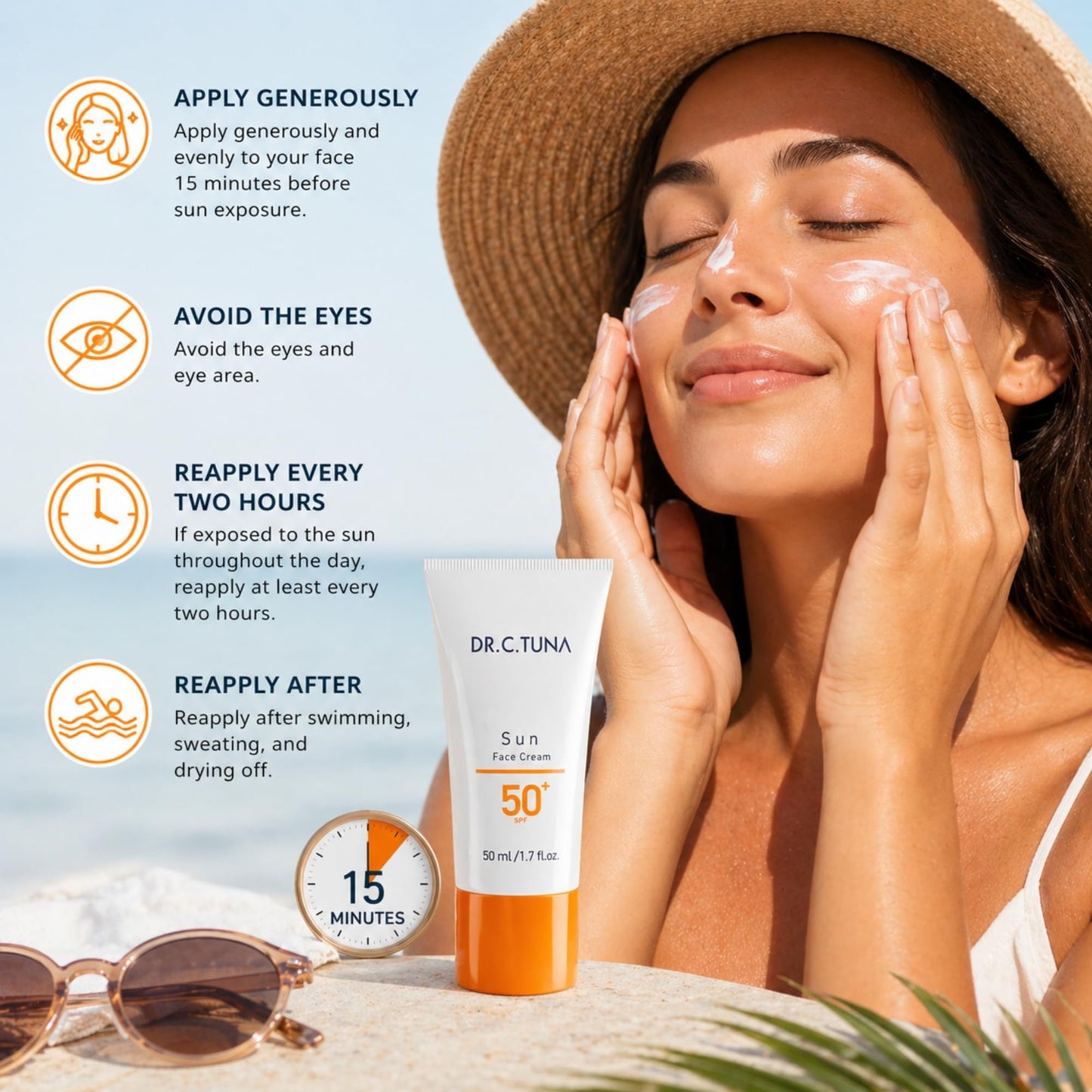 FARMASi Dr. C. Tuna Sun Face Cream Care SPF 50, Broad Spectrum UVA UVB Protection, Lightweight Water Resistant Sunscreen Lotion with Hydration Support, For All Skin Types, 1.7 fl oz
