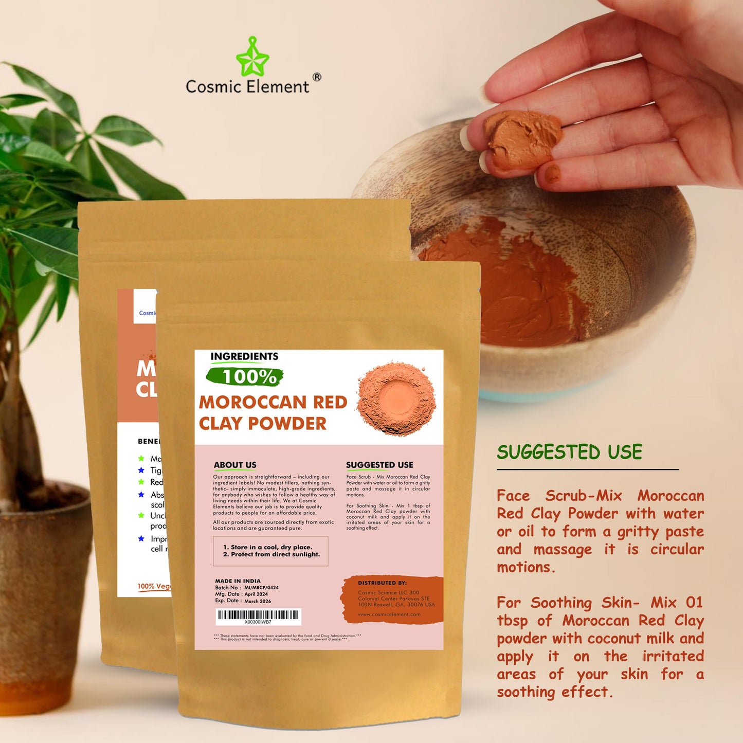 Cosmic Element Moroccan Red Clay Powder - Red Clay Powder for Skin | Suitable for Face, Body Wraps & Hair Care | Clay Mask for Face | Red Clay Masks, Wraps, Scrubs, Soaps, Bath Bombs & Detox – 4 oz