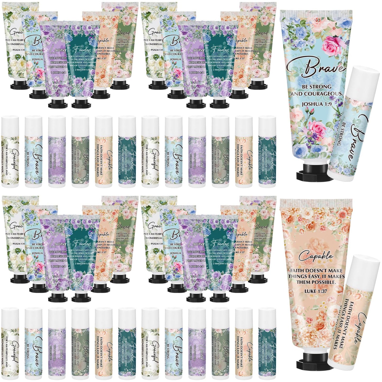 Loopeer 24 Sets Graduation Christian Hand Cream and Lip Balm Gift Set Christian Gift Bulk for Women Mothers Day Gifts for Church Travel Size Hand Lotion Bible Verse Lip Balm Bulk for Bridal Mom
