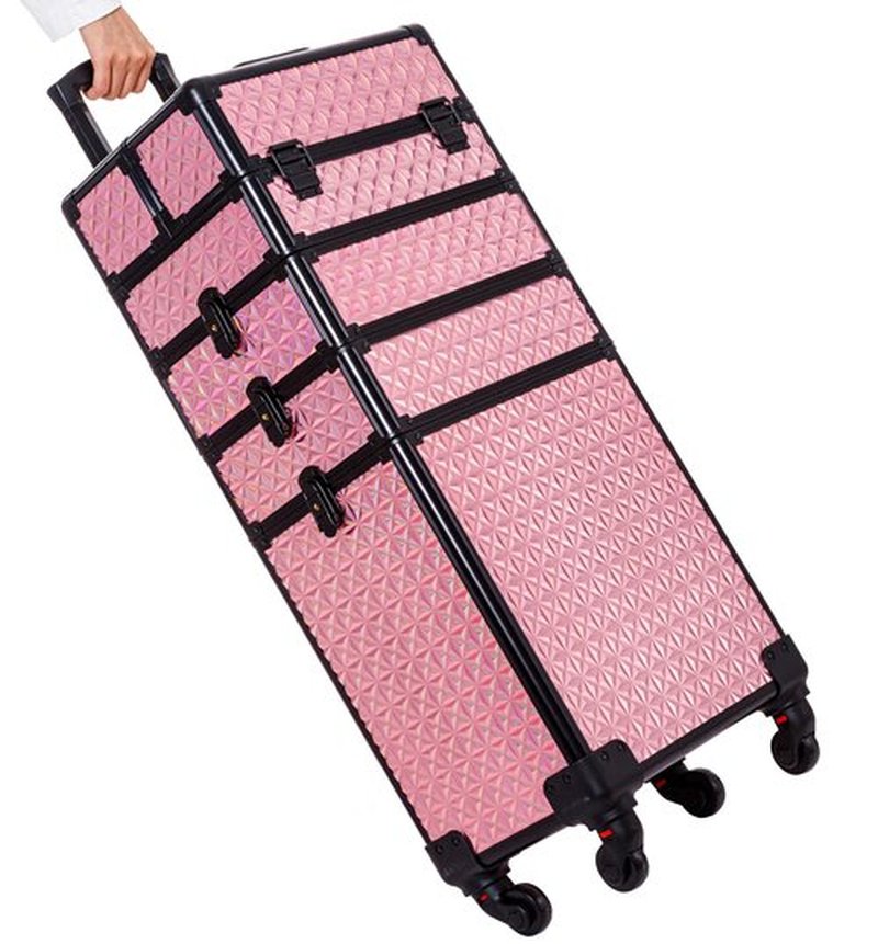AROUS 5 in 1 Professional Makeup Train Case Aluminum Cosmetic Case Rolling Makeup Case Extra Large Trolley Makeup Travel Organizer, with 360° Swivel Wheels, Pink, JG0001