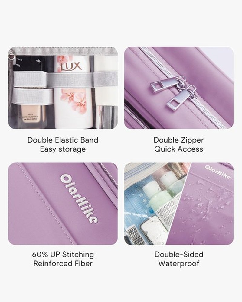 OlarHike Toiletry Bag,Large Size Waterproof Leather Hanging Bags, Makeup Jewelry 3 in 1 Essentials Travel Packing Organizers, Fulled-Sized Family Pack, Shampoo, Conditioner, Brushes Set (Purple)