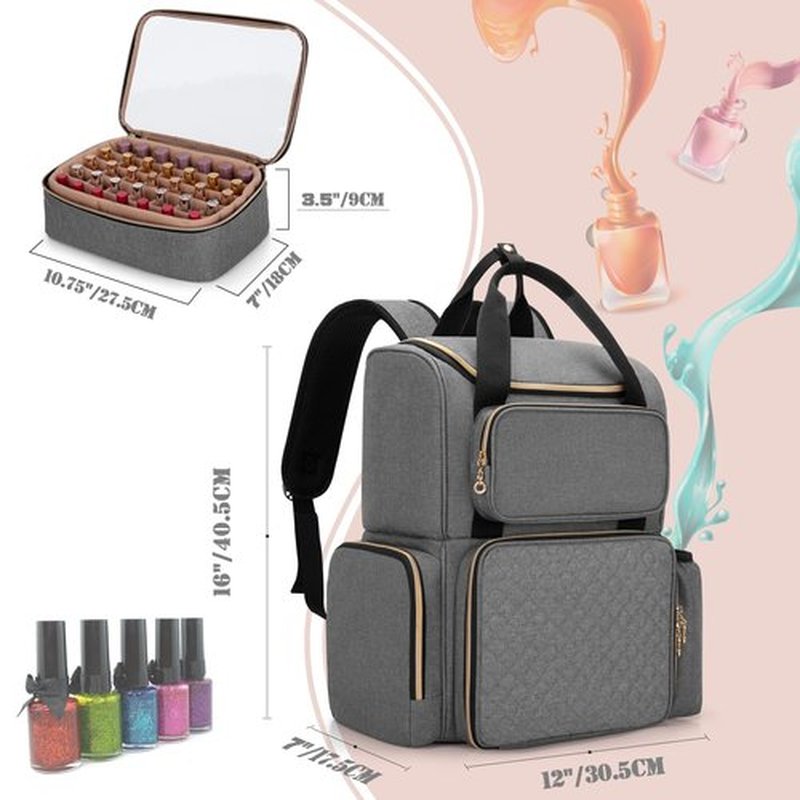 LUXJA Nail Polish Organizer (Backpack Version) Holds 70 Bottles and a Nail Lamp, Travel Nail Polish Bag with 2 Removable Cases and Tools Storage Pockets (Patent Pending), Gray