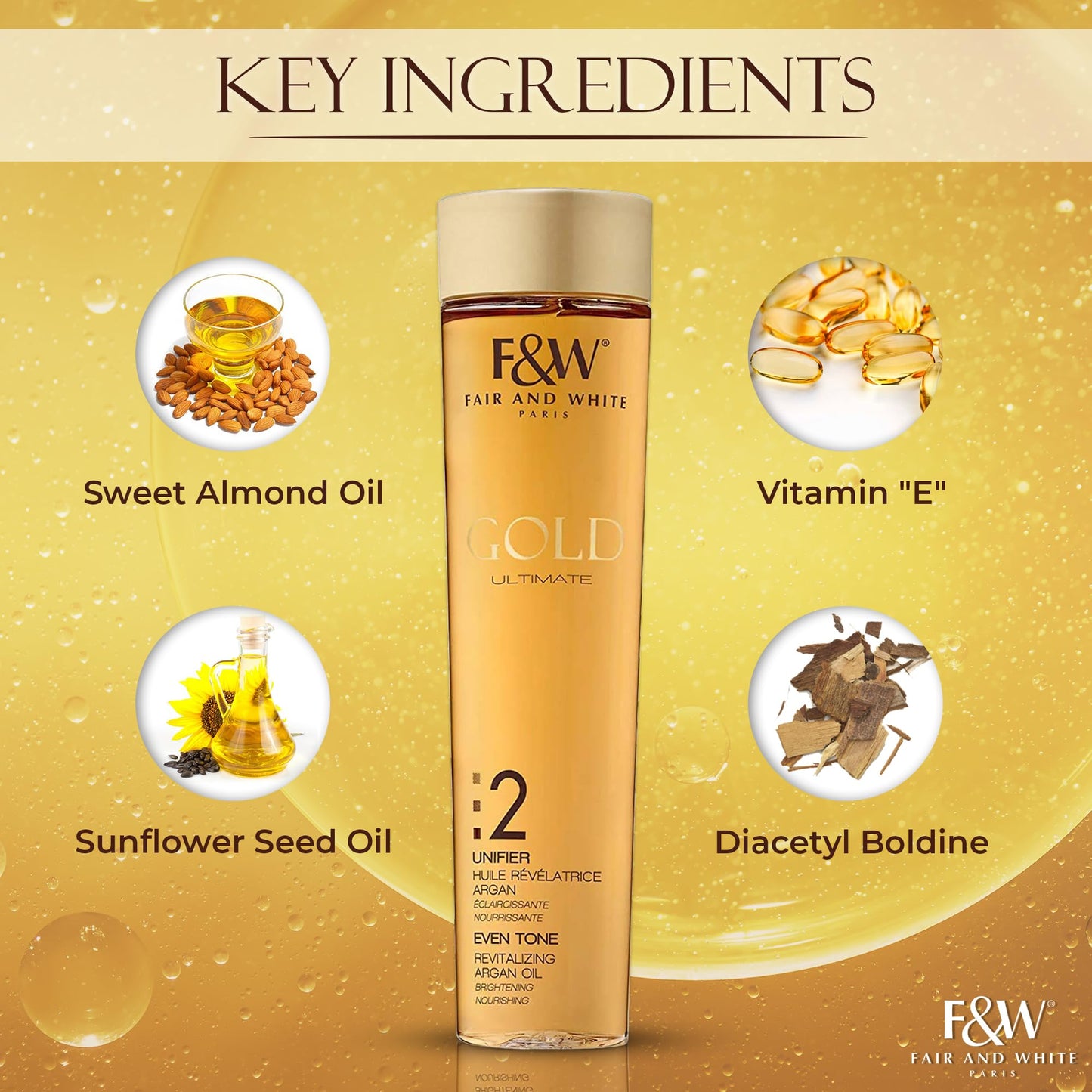 FAIR & WHITE 2: Gold Revitalizing Argan Oil - Nourishing & Brightening, Hydroquinone-Free, 200ml / 6.76fl.oz.