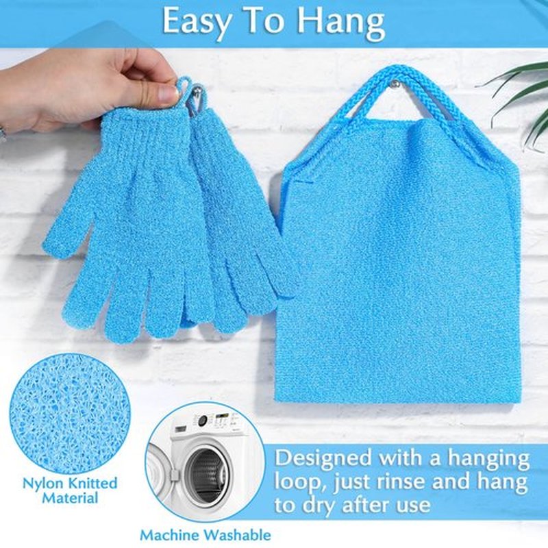 Anezus Exfoliating Back Scrubber Bath Gloves Set, Exfoliating Shower Towel with Shower Gloves for Body Scrub, Back Cleaner Wash Gloves to Remove Dead Skin (Blue)