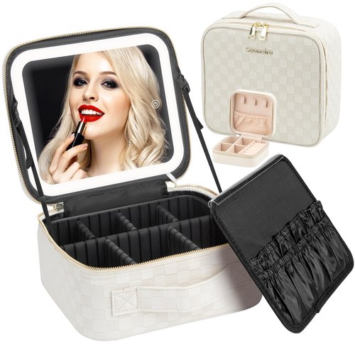 Seoneiro Makeup Travel Bag with LED Lighted Mirror Adjustable Brightness Portable Waterproof Makeup Case with Adjustable Dividers, Make up Train Case Organizer Makeup Brush Accessories and Tool Case