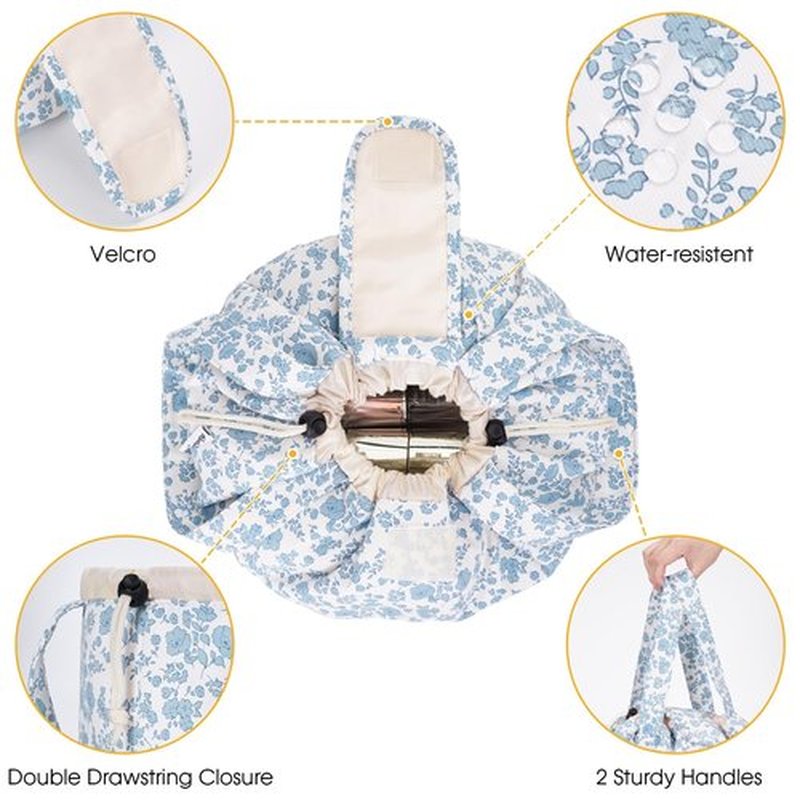 Barrel Drawstring Makeup Bag Large Cosmetic Bag Make up Bags Toiletry Organizer for Women (Little Blue Flower) (Patent)