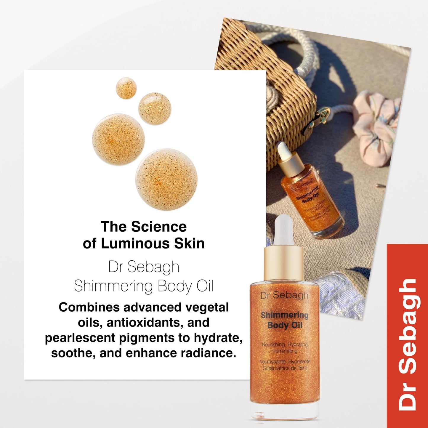 Dr Sebagh Shimmering Body Oil – Hydrating Dry Oil, Golden Shimmer, Vitamin E Nourishment, Soothes Sensitivity, Bronzed Glow for All Skin Tones (1.7 fl oz)