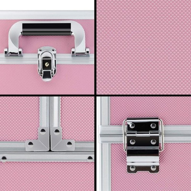 OUDMAY Makeup Case - Professional Portable Aluminum Cosmetics Storage Box With Locks and 2-Deck Folding Trays Pink Diamond