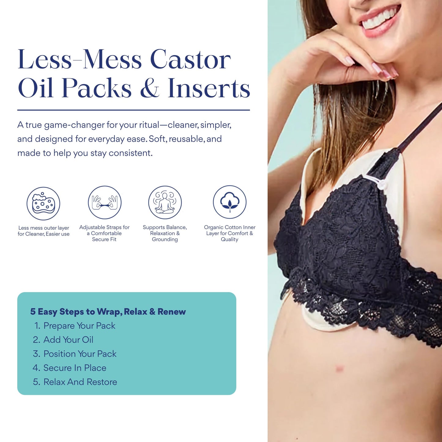 QUEEN OF THE THRONES Castor Oil Pack for Breast (Large) - Heatless, Less-Mess, Reusable - Organic Cotton Flannel, Comfort Fit, Soft Straps & Naturopathic Doctor Designed (Castor Oil Sold Separately)