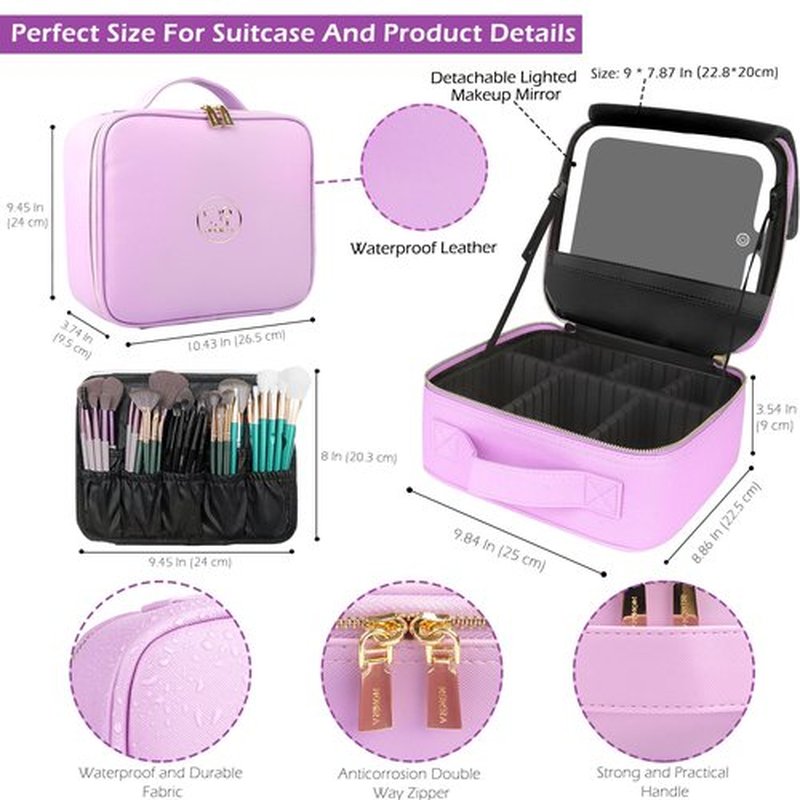 MOMIRA Travel Makeup Bag Cosmetic Bag Makeup Organizer Bag with Lighted Mirror, Adjustable Brightness in 3 Color Scenarios, Waterproof Makeup Train Case, Gift for Women - Purple