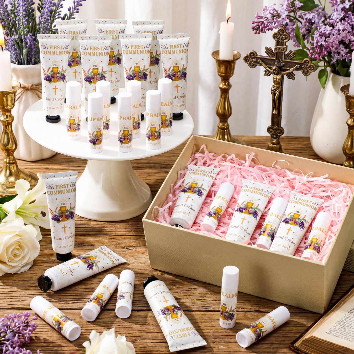 Dansib 15 Set First Communion Gifts Hand Creams and Lip Balms for Guests First Communion Baptism Party Favors Travel Size Hand Lotion Lip Balm Deluxe Boxed Religious Gift Set for Women Party Favors