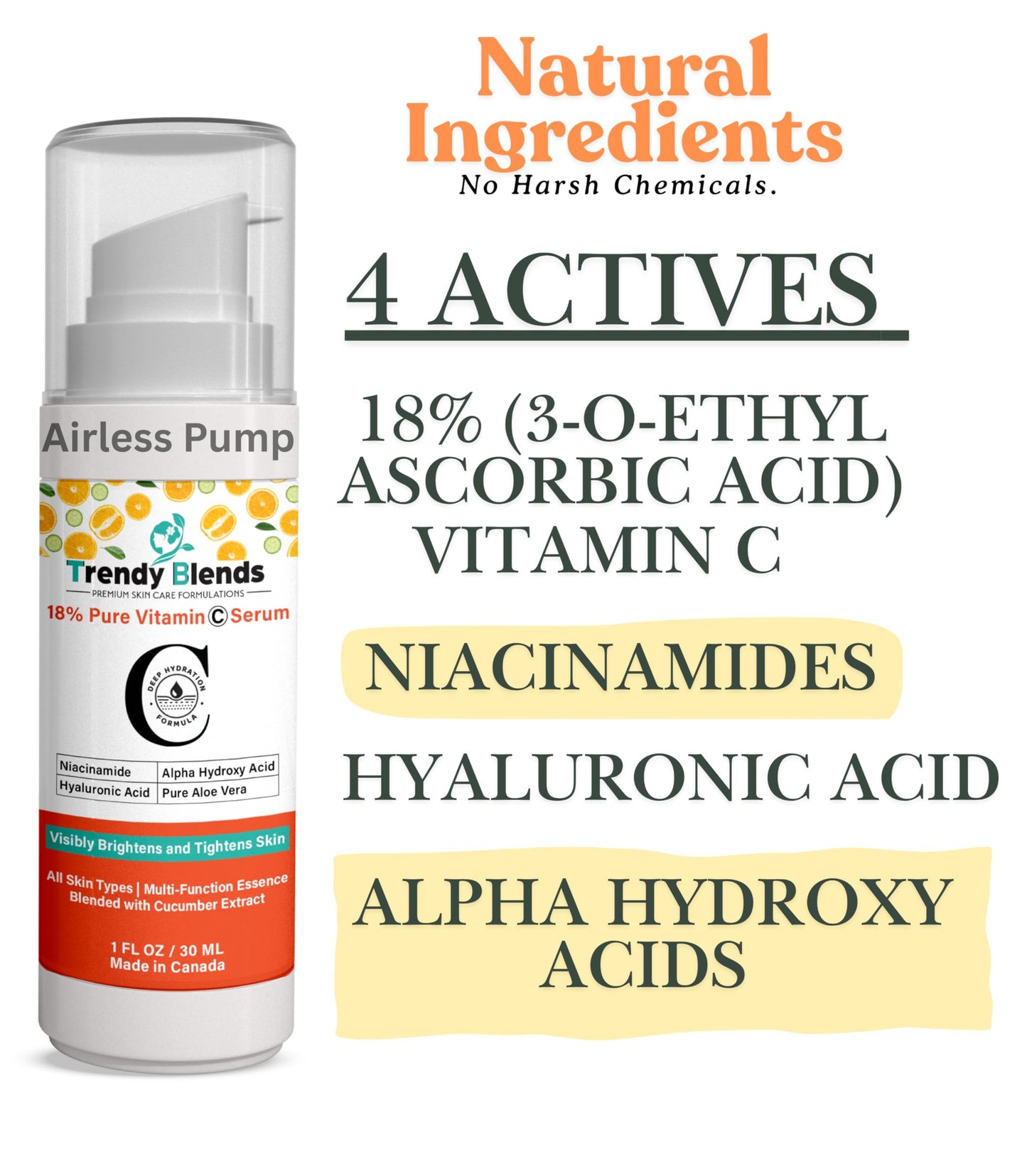 Trendy Blends 18% Vitamin C Serum with Hyaluronic Acid, Niacinamides- Brightening Face Serum for Glowing Skin - Dark Spot Corrector & Anti-Aging Formula 1Fl Oz