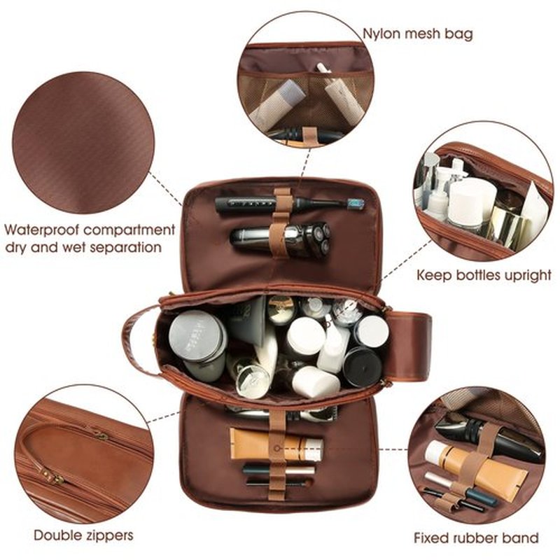 BNSPOCKET Personalized Leather Travel Toiletry Bag for Men, Large Travel Bathroom Shaving Dopp Kit, Large Cosmetic Travel Bag Waterproof
