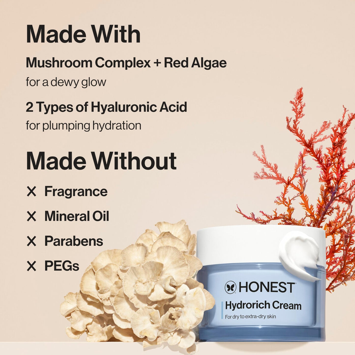 Honest Beauty Hydrorich Cream with Hyaluronic Acid + Mushroom Complex, Clinically Tested for Dry Skin, Dermatologist Tested, Hypoallergenic, Vegan, EWG Verified