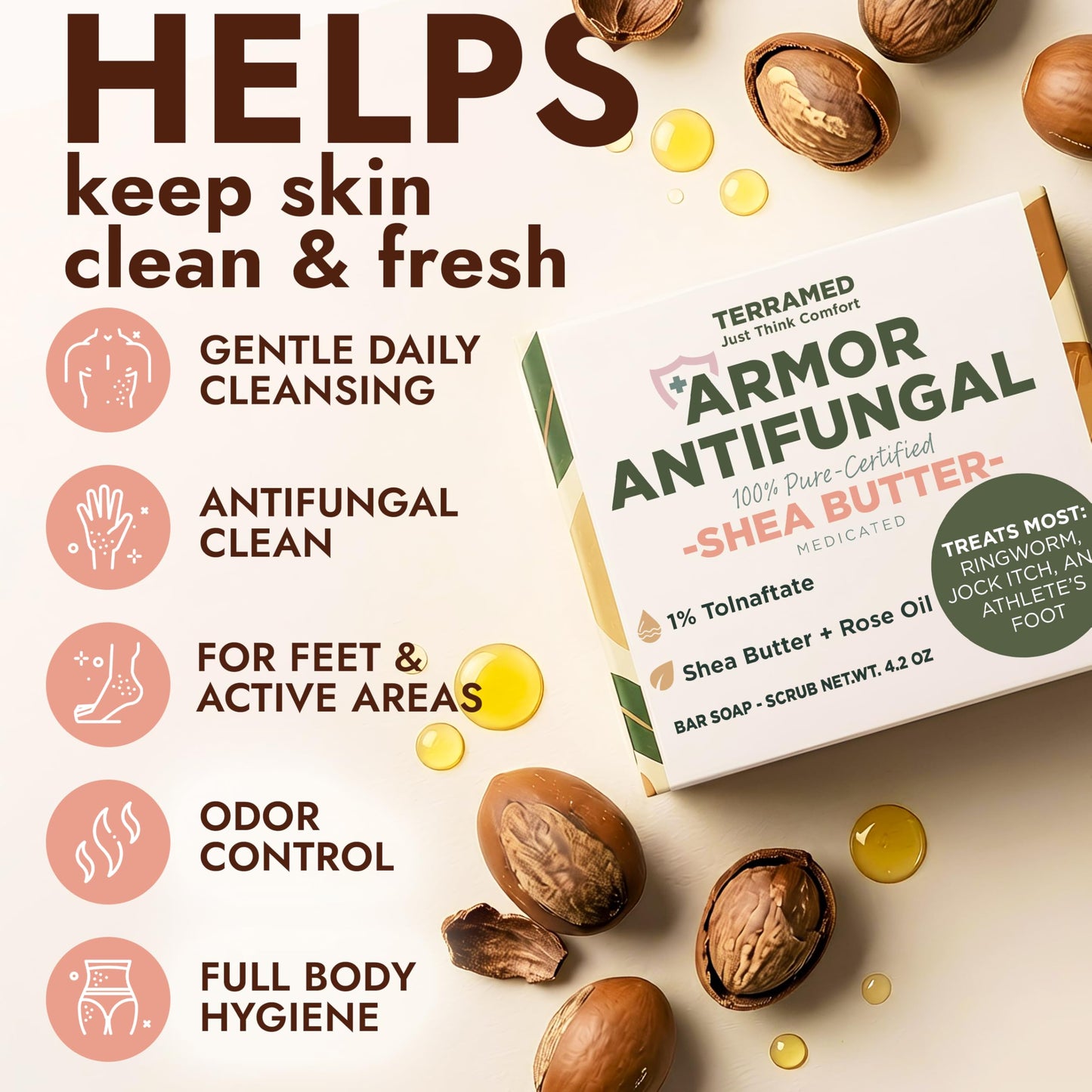 Antifungal Soap Infused with Shea Butter & Rose Oil | Medicated Jock Itch Treatment Helps Fight Ringworm & Athlete’s Foot | Tolnaftate 1% Antifungal Soap for Deep Cleansing | 2 Bars with Scrubber
