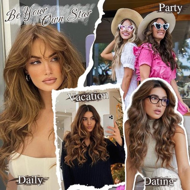 BARSDAR Clip in Hair Extensions - 16 Inch Highlight Wavy Clip in Hair Extensions for Women - 6PCs Thick Soft Synthetic Clip in Hairpieces Daily Party Halloween - Black with Highlights