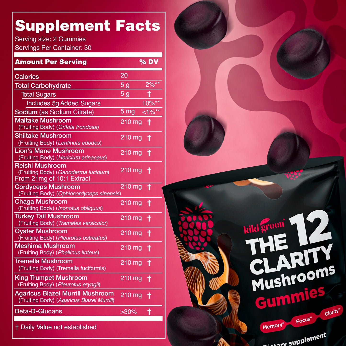 KIKI Green 12 Mushroom Supplement Gummies - Lion's Mane, Cordyceps, Chaga, Reishi, Turkey Tail & 7 More for Memory, Focus, Immunity - 60 Mushroom Gummies for Adults with Raspberry Flavor 10:1 Extract