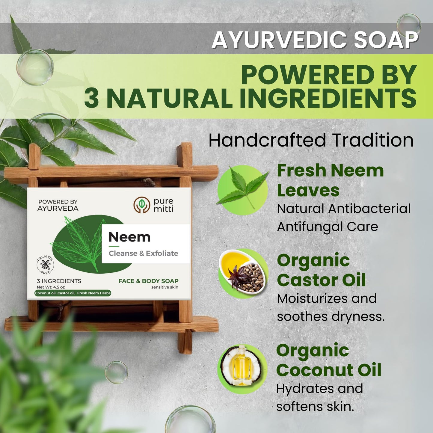 Pure Mitti Neem Soap Bars [4.5 oz x 3 Pcs.] Organic Ayurvedic Soap for Face & Body with Neem, Castor Oil & Coconut Oil – Cold Process, Plastic-Free, Herbal Cleansing
