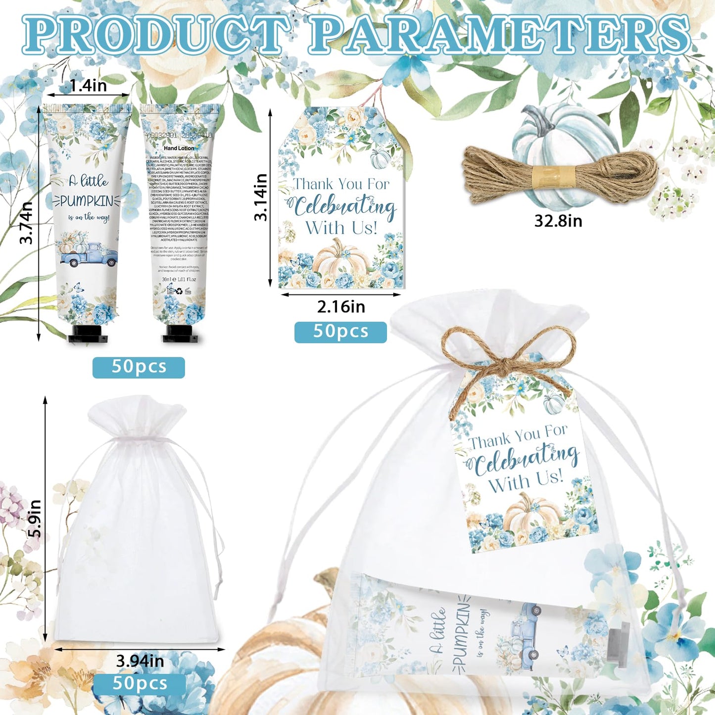 50 Sets A Little Pumpkin Hand Cream Bulk Baby Shower Party Favors for Guests Bridal Shower Thank You Gifts Travel Size Hand Lotion Bulk for Mother's Day Supplies(Blue)