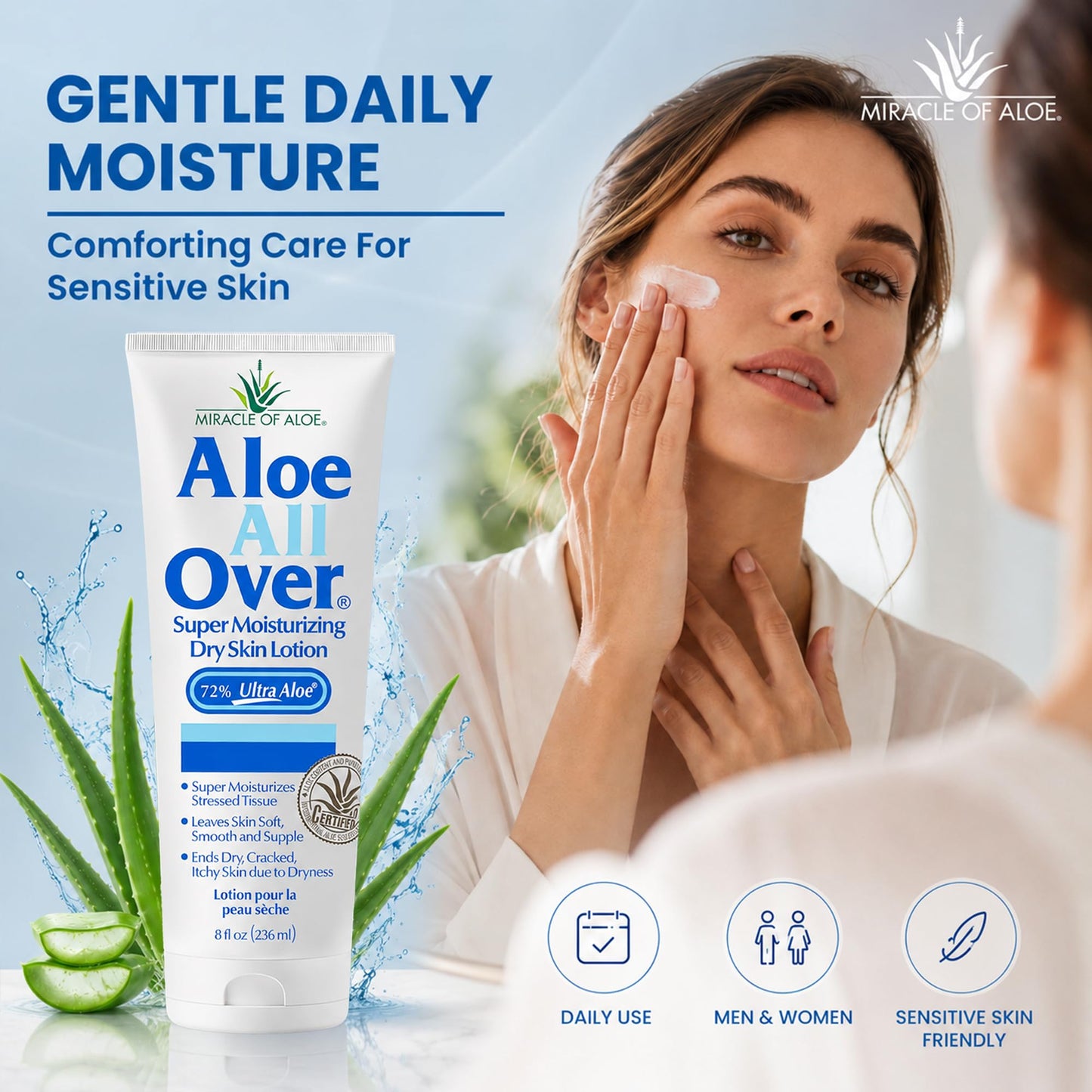 Aloe All Over Super Moisturizing Dry Skin Lotion, 3-Pack, 8 oz, 72% Aloe Vera Gel. Safe for Everyone, Ends Flaking and Restores Dry Skin Fast