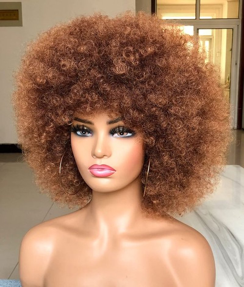 HIHOO Short Afro Wig with Bangs for Black Women Afro Kinky Curly Wig 70s Premium Synthetic Big Afro Wig(Brown)
