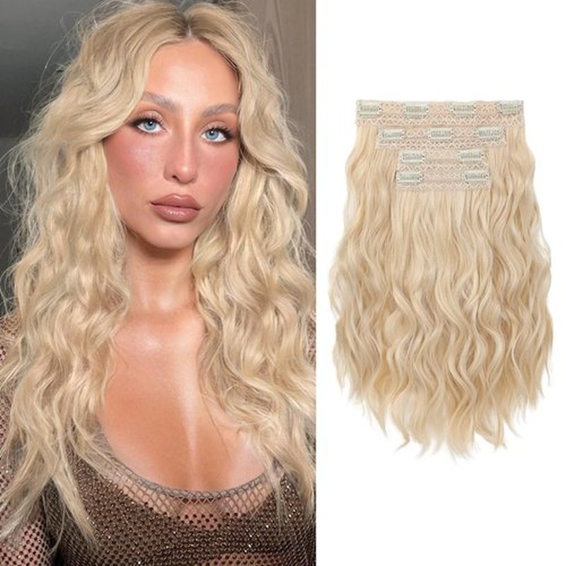 KUIRAN Hair Extensions, Clip in Hair Extensions 14" Short Curly Wavy Dark Brown Hair Extensions 4PCS Hair Extensions Invisible Lace Weft Natural Soft Hairpieces for Women - Light Blonde