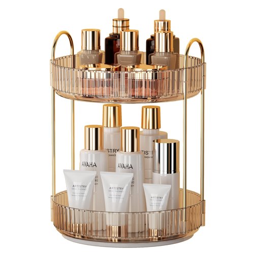 YCIA&DONE 360 Rotating Makeup Organizer and Storage for Vanity Countertop 2 Tiers, High Capacity Cosmetic Skincare Perfume Organizer for Dresser Bathroom Lazy Susan Organizer(Amber Gold)