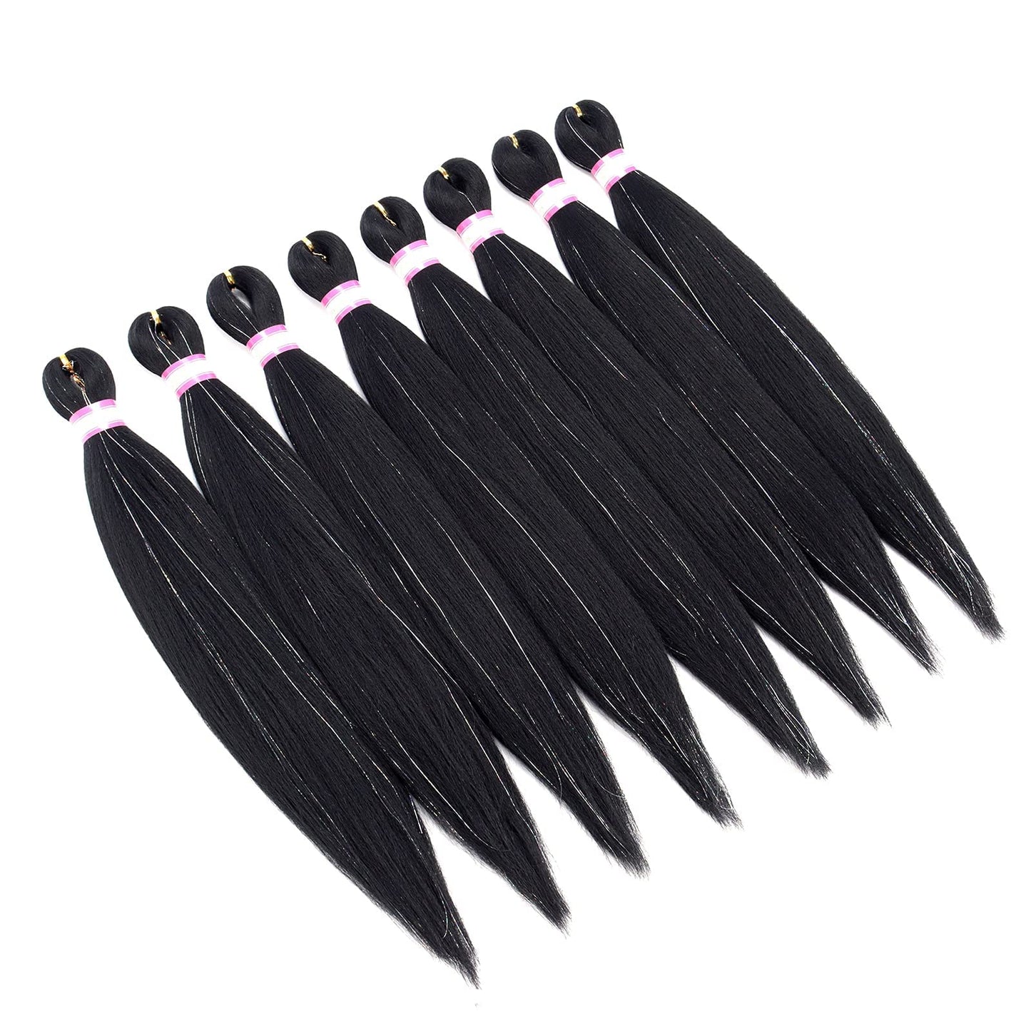 Pre Stretched Braiding Hair 8 Packs 20 Inch with Tinsel Hair Long Professional Hair for Crochet Twist Braids Itch Free Hot Water Setting Yaki Straight Synthetic Hair Extensions (#1B-Tinsel)