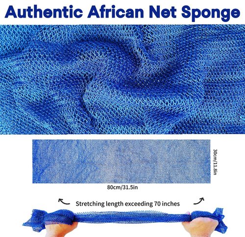 SPMKTBOZAI African Net Sponge Authentic, African Exfoliating Sponge Real African Net Black Owned, African Bath Sponge Back Scrubber, Body Exfoliator Shower Bath Accessories (Blue)