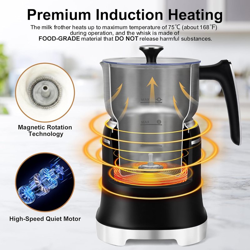 Electric Milk Frother - 7-in-1 Stainless Steel Steamer with Temperature Control | 20.3 OZ Hot & Cold Foam for Latte & Cocoa