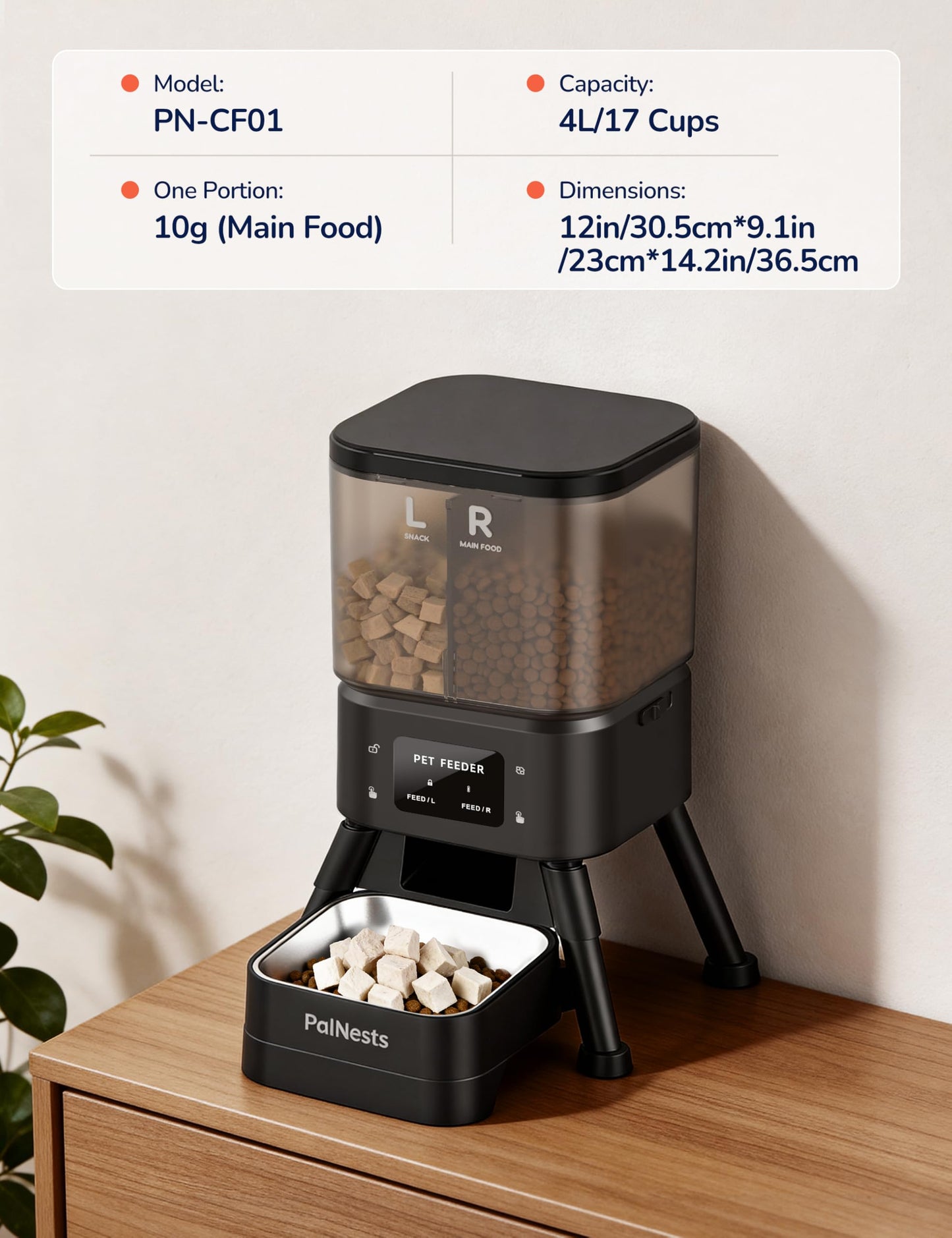 PalNests Dual Chamber Automatic Cat Feeder, Smart WiFi Pet Food Dispenser with 2.4&5G WiFi App, Custom Schedule & Portion Control for Dry Food and Treats, 4L, Black