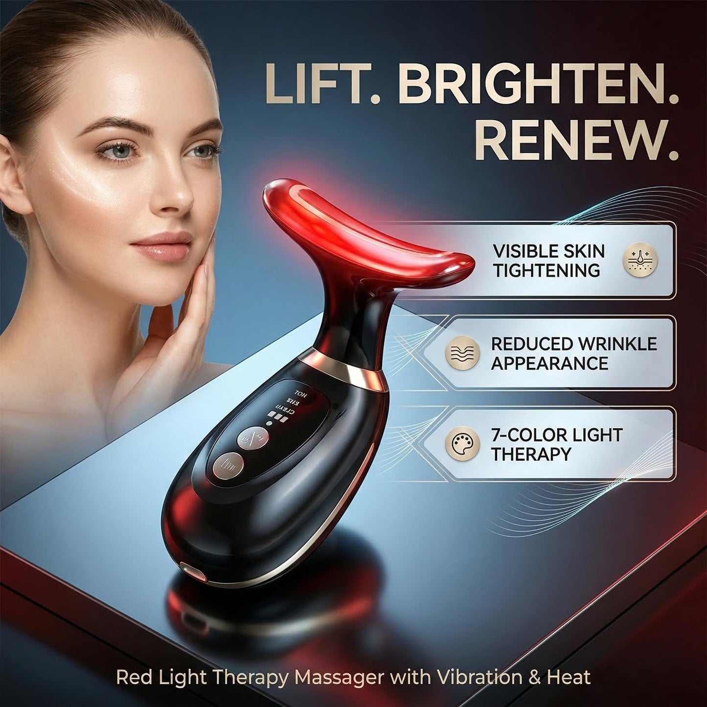 Facial and Neck Massager，7-Color Adjustable LED Lights, Heating and Vibration Functions;Red-Light-Therapy-for-Face Massager Suitable for The Face, Neck，Beauty and Skincare Gifts for Both Women Men