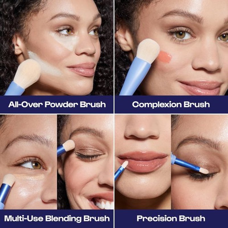 Alleyoop Overachiever 4-in-1 Makeup Brush - Powder Brush, Multi-Use Small Blending Brush, Precision Brush & Complexion Brush - Vegan & Travel-Friendly