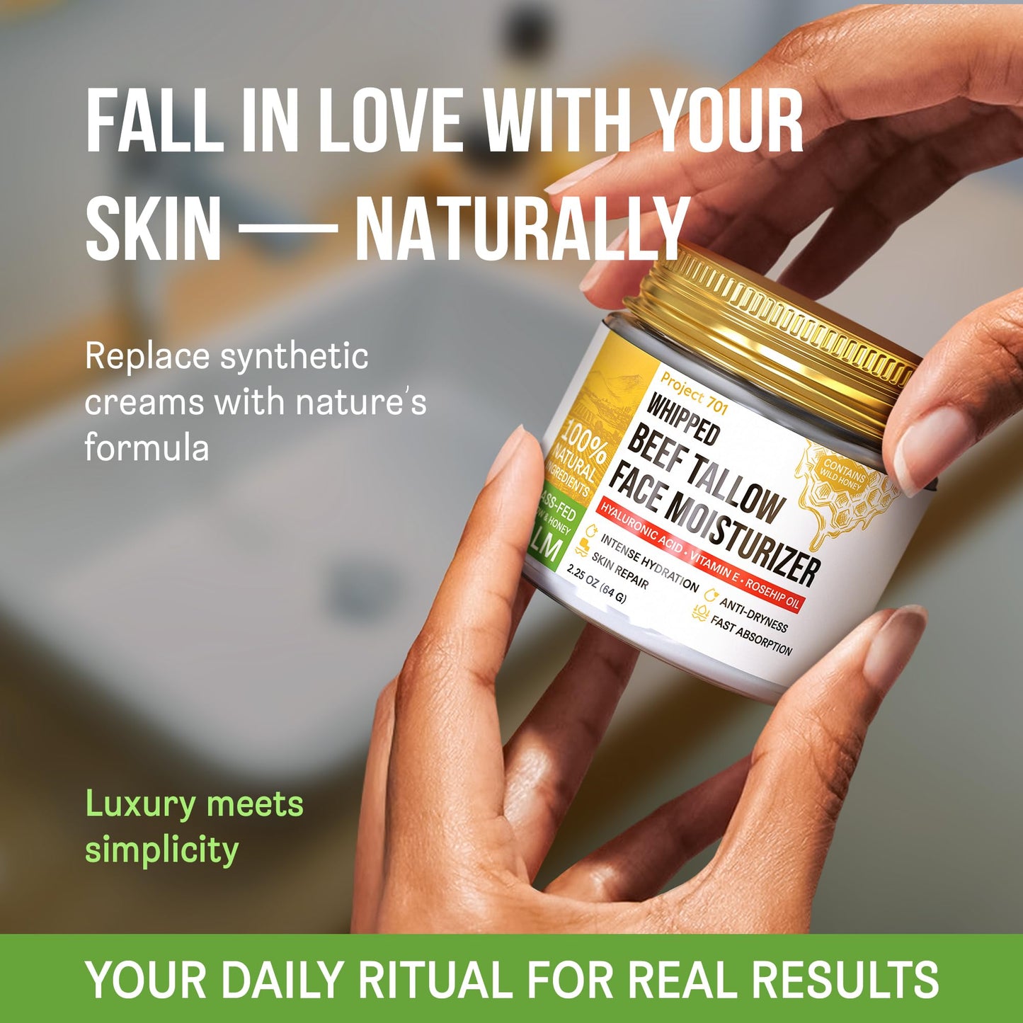 Beef Tallow for Skin and Face - Grass Fed Tallow and Honey Balm, All Natural Skin Care Moisturizer with Hyaluronic Acid - Day & Night Beef Tallow Face Cream for Dry, Sensitive Skin, Glass Jar 2.25 oz