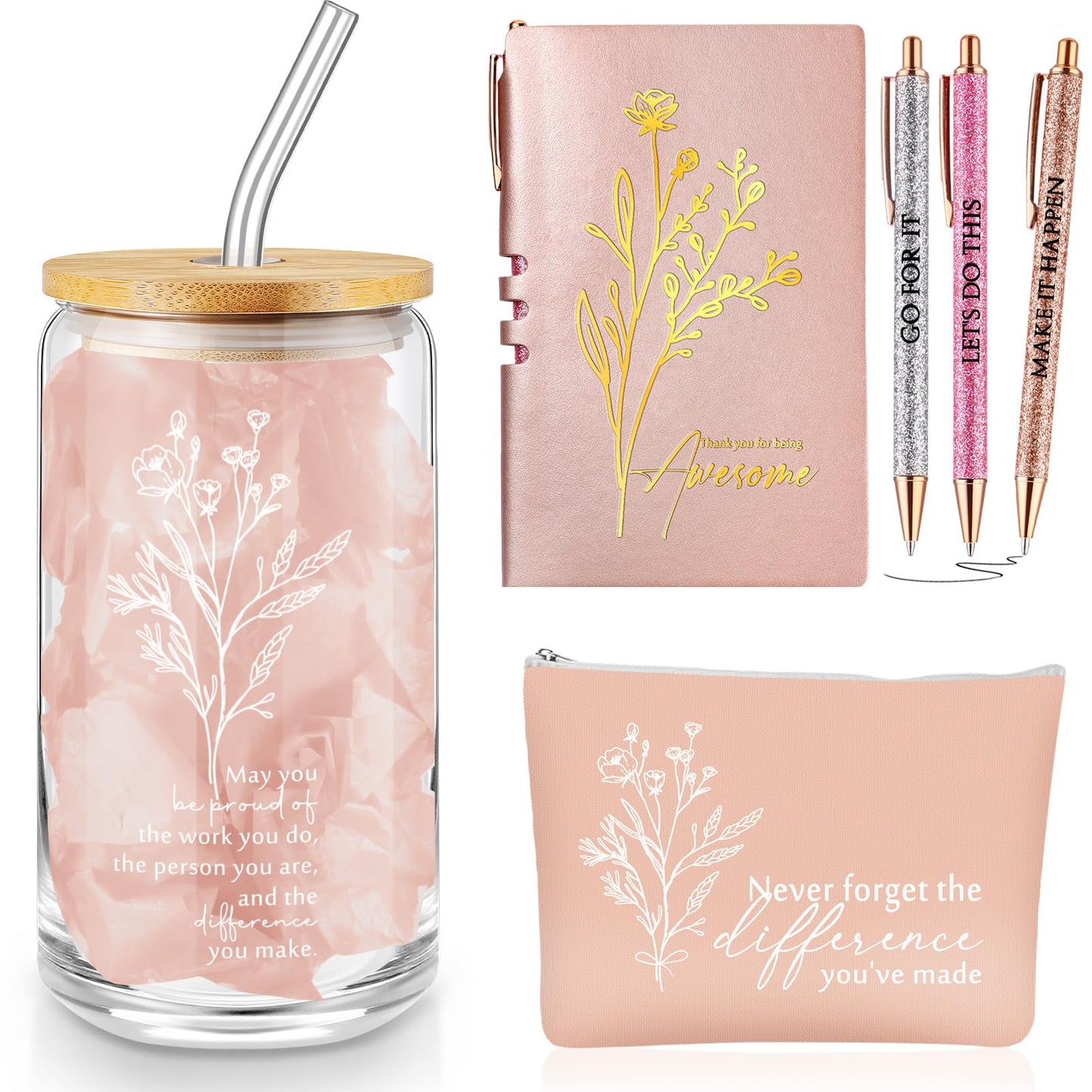 Funnymoom 6 Pcs End of Year Gifts Set 17oz Aesthetic Glass Tumbler Floral Makeup Bag Inspirational Journal Glitter Ballpoint Pens for Student Teacher Women School Staff Coworker Retirement