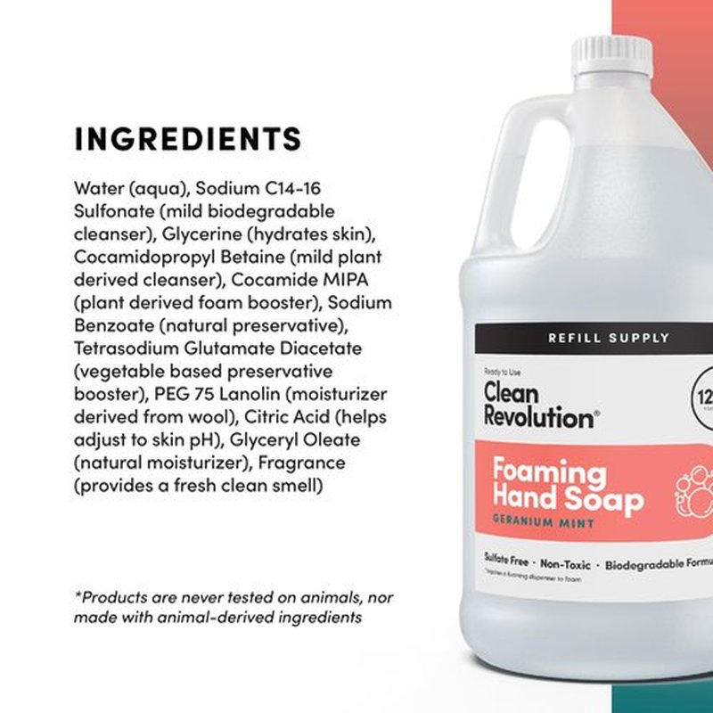Clean Revolution Foaming Hand Soap, Gentle, Moisturizing, Ready To Use Formula, Real Essential Oils, Gluten Free, Geranium Mint, 128 Fl Oz