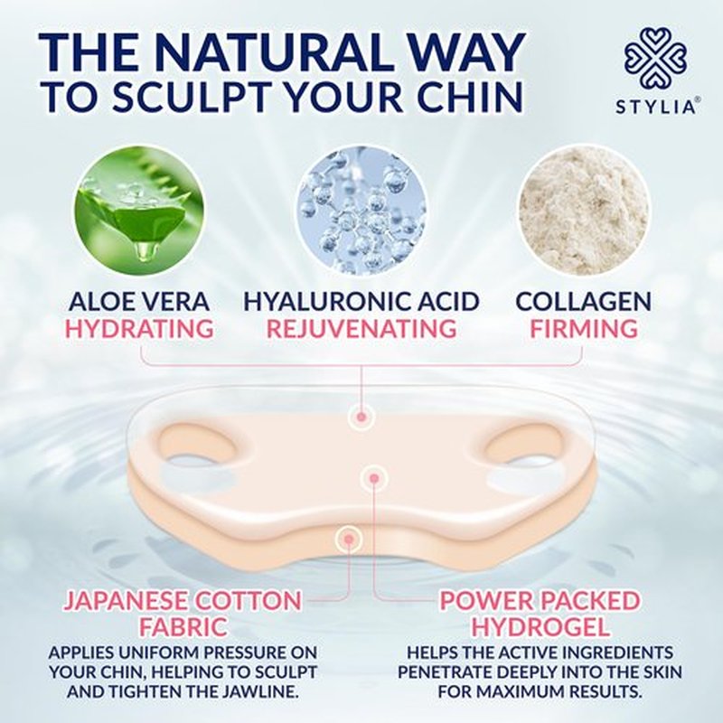 Stylia Double Chin Mask - V Line Chin Strap - Toning Hydrogel Collagen Face Mask with Hyaluronic Acid & Aloe Vera - 7PC